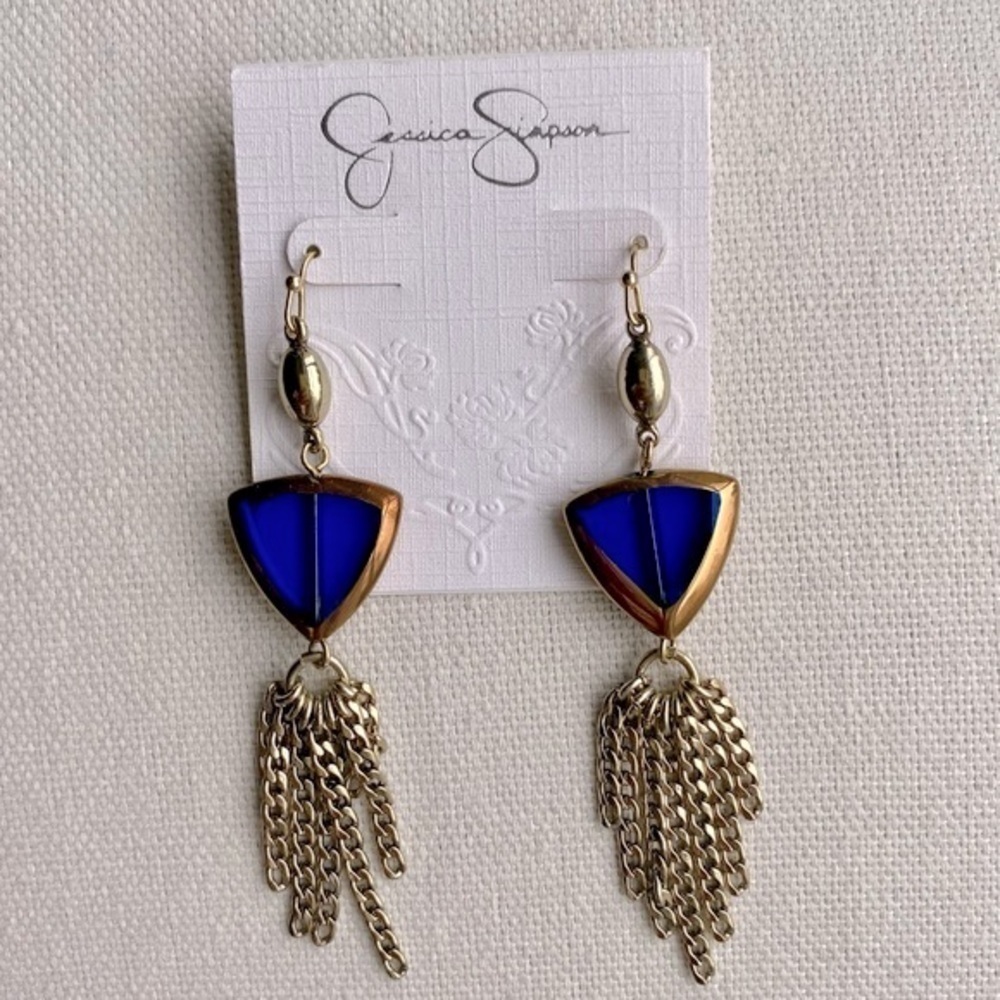 JESSICA SIMPSON Blue Glass & Chain Dangling Earrings, Gold Tone, Fish Hook Back